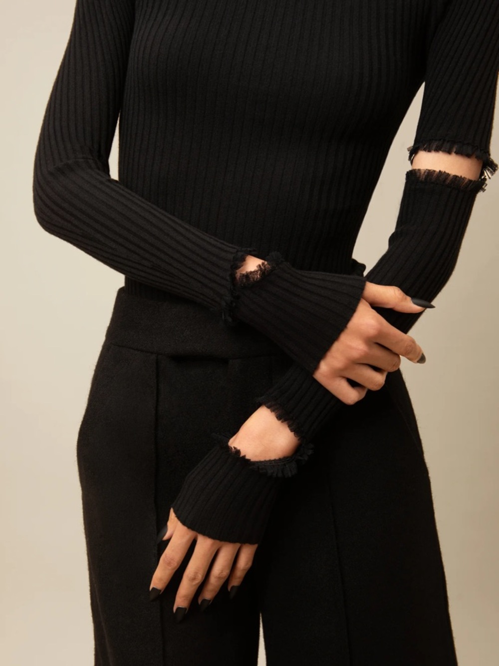 Salem Sweater by Contessa Mills, Goth Ribbed Cold-Shoulder Long-Sleeve Top